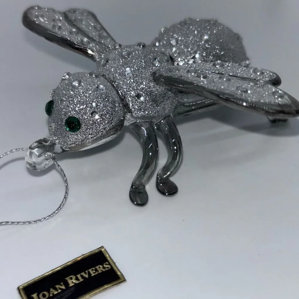 New in box Joan Rivers blown glass bee ornament silver XXV 2015